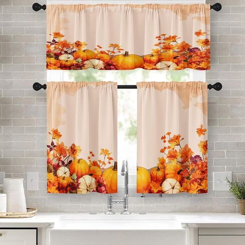 Fall Pumpkin Vintage Kitchen Window Curtains Valance and Tier Set 36 Inch, Autumn Orange Leaves 3 Piece Window Treatment Tiers for Living Room Bedroom Kitchen Decor Drapes in Saudi Arabia