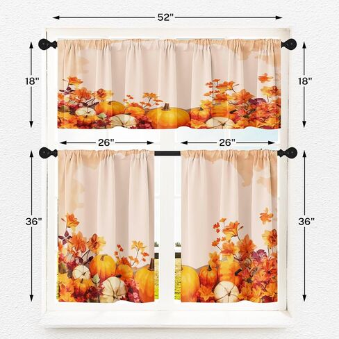 Fall Pumpkin Vintage Kitchen Window Curtains Valance and Tier Set 36 Inch, Autumn Orange Leaves 3 Piece Window Treatment Tiers for Living Room Bedroom Kitchen Decor Drapes in Saudi Arabia