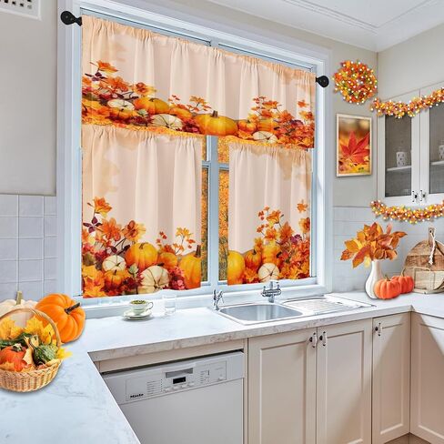 Fall Pumpkin Vintage Kitchen Window Curtains Valance and Tier Set 36 Inch, Autumn Orange Leaves 3 Piece Window Treatment Tiers for Living Room Bedroom Kitchen Decor Drapes in Saudi Arabia