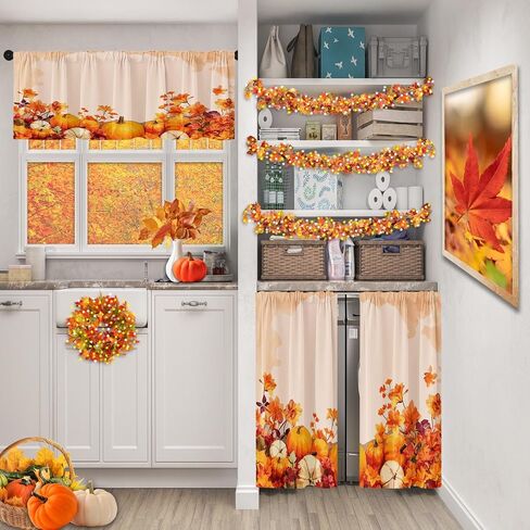 Fall Pumpkin Vintage Kitchen Window Curtains Valance and Tier Set 36 Inch, Autumn Orange Leaves 3 Piece Window Treatment Tiers for Living Room Bedroom Kitchen Decor Drapes in Saudi Arabia