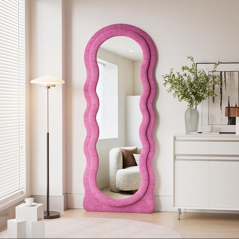 OGCAU Full Length Mirror, Wavy Mirror Full Length, 63"x24" Irregular Wave Floor Mirror, Full Length Wall Mirror with Flannel Frame, Full Body Mirror Standing Hanging or Leaning for Bedroom (Pink) in Saudi Arabia
