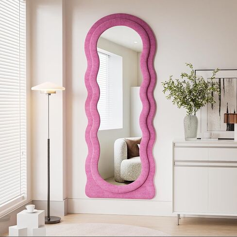 OGCAU Full Length Mirror, Wavy Mirror Full Length, 63"x24" Irregular Wave Floor Mirror, Full Length Wall Mirror with Flannel Frame, Full Body Mirror Standing Hanging or Leaning for Bedroom (Pink) in Saudi Arabia