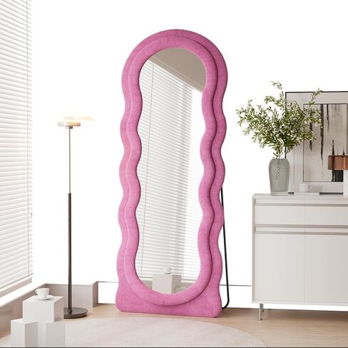 OGCAU Full Length Mirror, Wavy Mirror Full Length, 63"x24" Irregular Wave Floor Mirror, Full Length Wall Mirror with Flannel Frame, Full Body Mirror Standing Hanging or Leaning for Bedroom (Pink) in Saudi Arabia