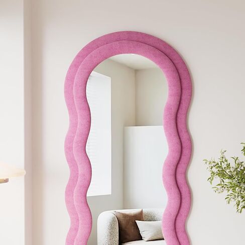 OGCAU Full Length Mirror, Wavy Mirror Full Length, 63"x24" Irregular Wave Floor Mirror, Full Length Wall Mirror with Flannel Frame, Full Body Mirror Standing Hanging or Leaning for Bedroom (Pink) in Saudi Arabia