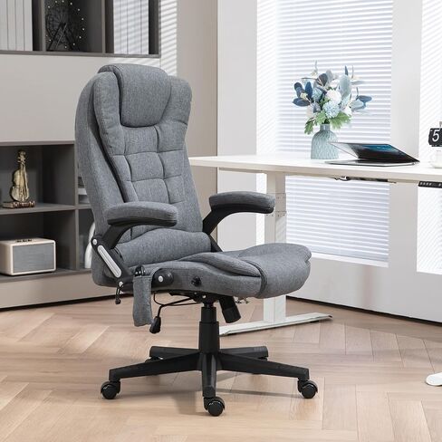 HOMCOM 6 Point Vibrating Massage Office Chair with Heat, Linen High Back Executive Office Chair with Reclining Backrest, Padded Armrests and Remote, Gray in Saudi Arabia