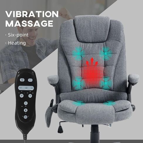 HOMCOM 6 Point Vibrating Massage Office Chair with Heat, Linen High Back Executive Office Chair with Reclining Backrest, Padded Armrests and Remote, Gray in Saudi Arabia