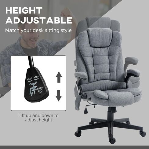 HOMCOM 6 Point Vibrating Massage Office Chair with Heat, Linen High Back Executive Office Chair with Reclining Backrest, Padded Armrests and Remote, Gray in Saudi Arabia
