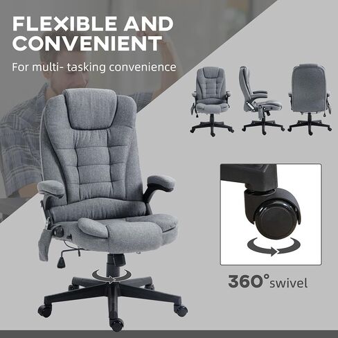 HOMCOM 6 Point Vibrating Massage Office Chair with Heat, Linen High Back Executive Office Chair with Reclining Backrest, Padded Armrests and Remote, Gray in Saudi Arabia