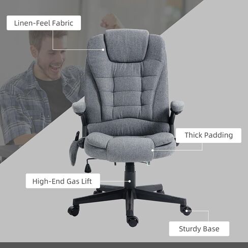 HOMCOM 6 Point Vibrating Massage Office Chair with Heat, Linen High Back Executive Office Chair with Reclining Backrest, Padded Armrests and Remote, Gray in Saudi Arabia