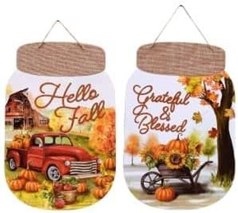 حصاد الخريف عيد الشكر مع (أوراق القيقب) جرة ميسون مزخرفة على شكل (مرحبًا بالخريف) (ممتن ومبارك) مجموعة من (2) 13.5x8.5in in Kuwait