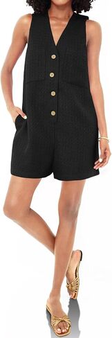 Tongmingyun Womens Summer Sleeveless Rompers Casual V Neck Button Down Short Jumpsuits with Pockets in Saudi Arabia