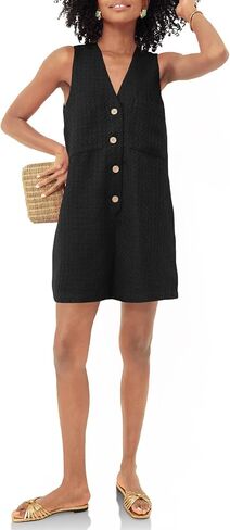 Tongmingyun Womens Summer Sleeveless Rompers Casual V Neck Button Down Short Jumpsuits with Pockets in Saudi Arabia