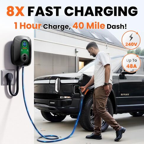 شاحن EV المستوى 2، شاحن EV 48 أمبير المستوى 2، 240 فولت، قابس NEMA 14-50، شاحن J1772، كابل شحن 25 قدم، محطات شحن المركبات الكهربائية، شاحن EV المستوى 2 مع التحكم في تطبيق بلوتوث وواي فاي in Saudi Arabia