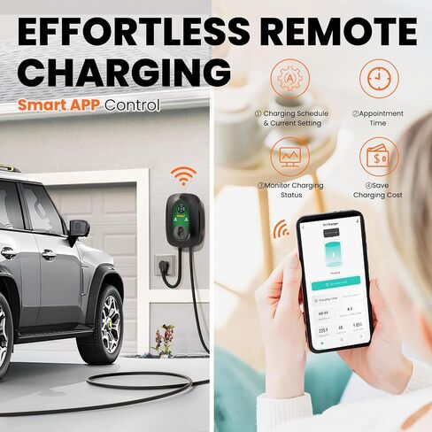 شاحن EV المستوى 2، شاحن EV 48 أمبير المستوى 2، 240 فولت، قابس NEMA 14-50، شاحن J1772، كابل شحن 25 قدم، محطات شحن المركبات الكهربائية، شاحن EV المستوى 2 مع التحكم في تطبيق بلوتوث وواي فاي in Saudi Arabia