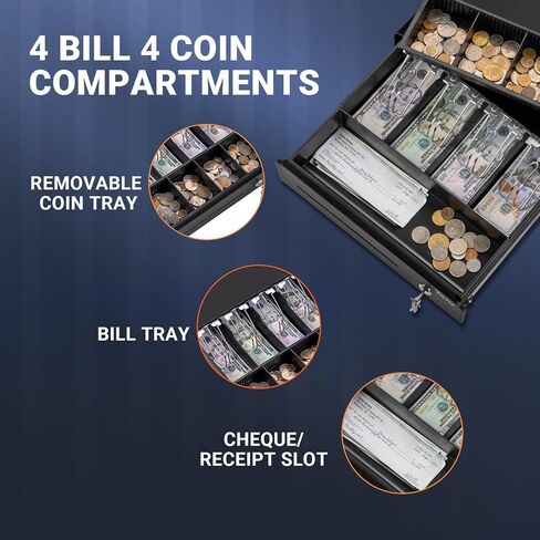 درج تسجيل النقدية Tera مقاس 13 بوصة: فتح تلقائي مع 6 مفاتيح للخدمة الشاقة 4 فاتورة 4 عملات معدنية قابلة للإزالة، فتحة وسائط صينية النقود 24 فولت RJ12، زاوية دائرية لقفل المفاتيح لنظام نقاط البيع، الشركات الصغيرة، البيع بالتجزئة 335R أسود in Kuwait