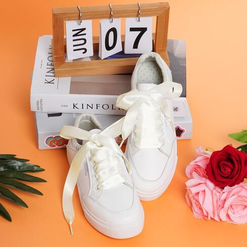 Marrywindix 2 Pairs 47" Flat Satin Ribbon Shoelaces White Silk Shoestrings Wide Shoe Laces for Sneakers Skate Shoes Boots Sport Shoes in Kuwait