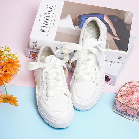 Marrywindix 2 Pairs 47" Flat Satin Ribbon Shoelaces White Silk Shoestrings Wide Shoe Laces for Sneakers Skate Shoes Boots Sport Shoes in Kuwait