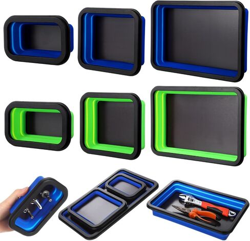 6 Pcs Collapsible Magnetic Parts Tray Set, 3 Different Size Tool Trays for Screw, Bolts, Nuts, Washers, Pins, Small Metal Parts, Silicone Tray, Foldable Magnetic Tool Tray Set(Green, Black) in Saudi Arabia
