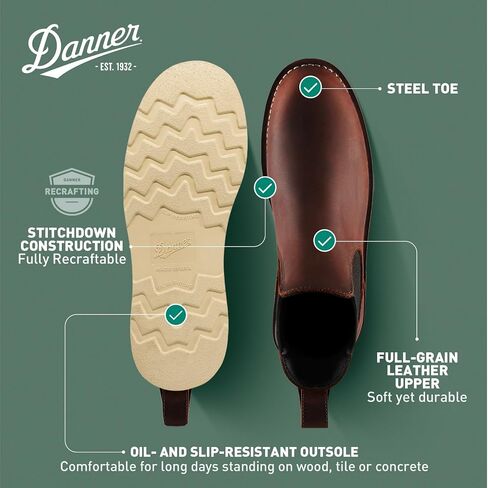 حذاء عمل Danner Bull Run بمقدمة فولاذية مقاس 6 بوصات للرجال من تشيلسي - جلد محبب بالكامل، مع نعل خارجي عريض مقاوم للزيت والانزلاق، مقاوم EH ومصنوع في الولايات المتحدة الأمريكية in Saudi Arabia