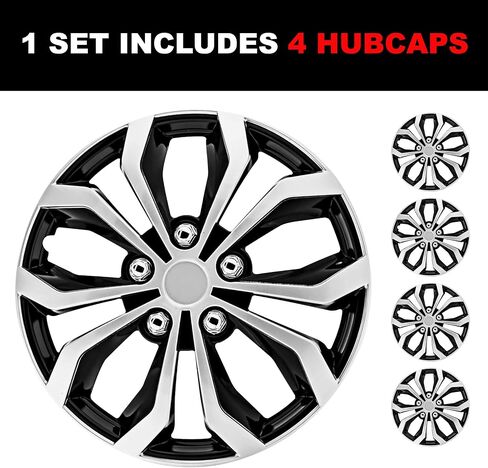 15 inch Hubcaps Set of 4 - Made in Taiwan - Universal Innovative Style Black & Silver Wheel Covers - Fits Multiple Car Models - Upgrade Your Car's Look in Saudi Arabia