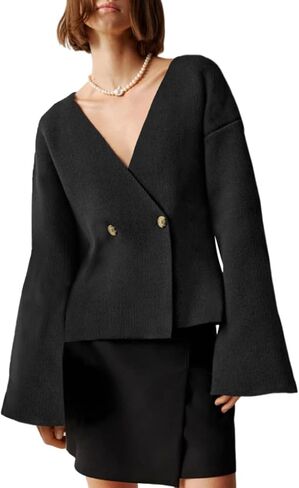 Saodimallsu Womens V Neck Cardigans Long Bell Sleeve Button Down Open Front Loose Knit Fall Sweater Blazer in Saudi Arabia