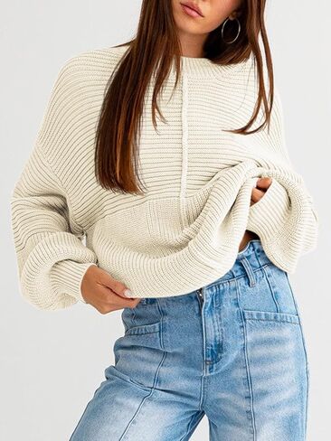 Langwyqu Womens Oversized Sweaters Crew Neck Long Lantern Sleeve Loose Ribbed Knit Slouchy Fall Pullover Tops in Saudi Arabia