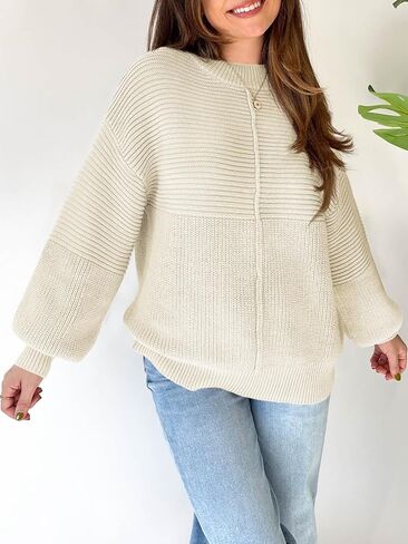Langwyqu Womens Oversized Sweaters Crew Neck Long Lantern Sleeve Loose Ribbed Knit Slouchy Fall Pullover Tops in Saudi Arabia