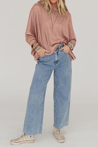 CFLONGE Women's Fall Sweaters 2024 Casual Oversize Pullover Batwing Long Sleeve Drop Shoulder Sweater Loose Knit Jumper Tops in Kuwait