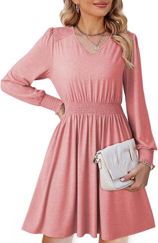 Dokotoo Womens Dresses 2024 Long Sleeve V Neck Smocked Elastic Waist Casual A-Line Swing Mini Dress with Pockets in Saudi Arabia