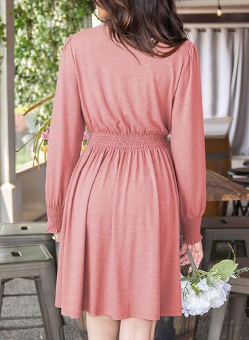 Dokotoo Womens Dresses 2024 Long Sleeve V Neck Smocked Elastic Waist Casual A-Line Swing Mini Dress with Pockets in Saudi Arabia