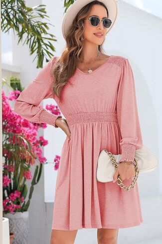Dokotoo Womens Dresses 2024 Long Sleeve V Neck Smocked Elastic Waist Casual A-Line Swing Mini Dress with Pockets in Saudi Arabia