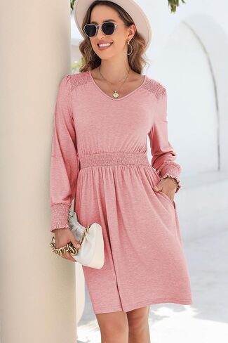 Dokotoo Womens Dresses 2024 Long Sleeve V Neck Smocked Elastic Waist Casual A-Line Swing Mini Dress with Pockets in Saudi Arabia