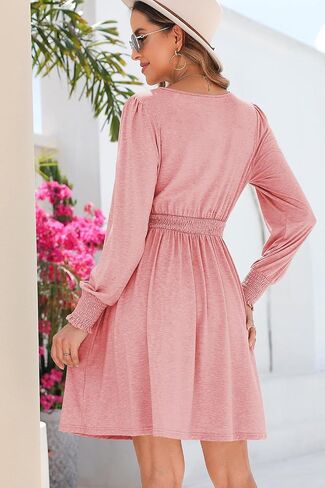 Dokotoo Womens Dresses 2024 Long Sleeve V Neck Smocked Elastic Waist Casual A-Line Swing Mini Dress with Pockets in Saudi Arabia