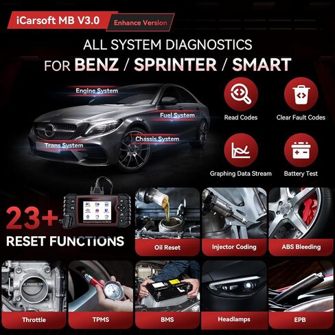 Bidirectional Diagnostic Tool for Mercedes-Benz/Sprinter/Smart, iCarsoft MB V3.0(Enhance Version) 28+ Reset Service OBD2 Full System Scanner, Battery Test/Actuation Test, Auto VIN, Quick Scan in Saudi Arabia