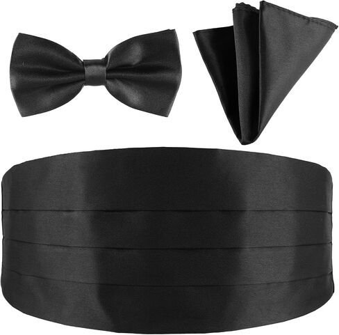 طقم ربطة عنق للرجال من Cummerbund قابل للتعديل بلون سادة من Tuxedo Cummerbund وربطة عنق مربعة للجيب، أسود in Saudi Arabia