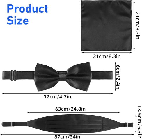 طقم ربطة عنق للرجال من Cummerbund قابل للتعديل بلون سادة من Tuxedo Cummerbund وربطة عنق مربعة للجيب، أسود in Saudi Arabia