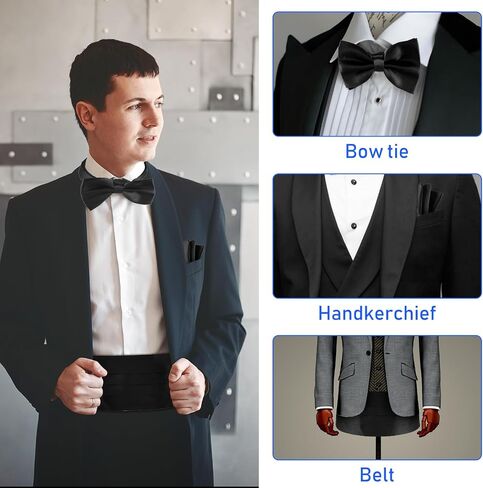 طقم ربطة عنق للرجال من Cummerbund قابل للتعديل بلون سادة من Tuxedo Cummerbund وربطة عنق مربعة للجيب، أسود in Saudi Arabia