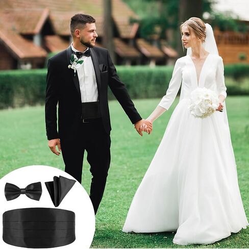 طقم ربطة عنق للرجال من Cummerbund قابل للتعديل بلون سادة من Tuxedo Cummerbund وربطة عنق مربعة للجيب، أسود in Saudi Arabia