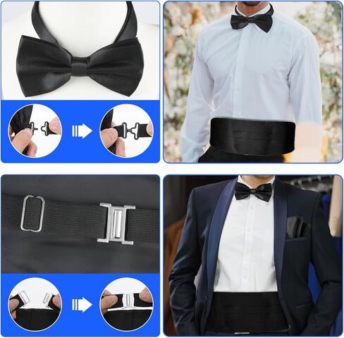طقم ربطة عنق للرجال من Cummerbund قابل للتعديل بلون سادة من Tuxedo Cummerbund وربطة عنق مربعة للجيب، أسود in Saudi Arabia