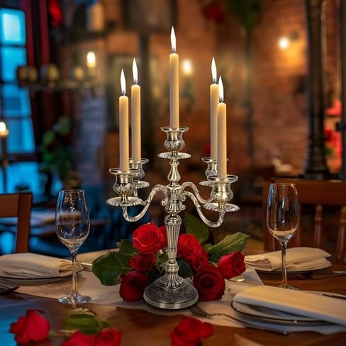 شمعدان معدني بخمسة أذرع، حامل شموع معدني عتيق، حامل شموع أوروبي أنيق حامل شموع لطاولة طعام الزفاف وحفلات الكريسماس وديكور المنزل (برونزي) in Kuwait