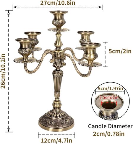 شمعدان معدني بخمسة أذرع، حامل شموع معدني عتيق، حامل شموع أوروبي أنيق حامل شموع لطاولة طعام الزفاف وحفلات الكريسماس وديكور المنزل (برونزي) in Kuwait