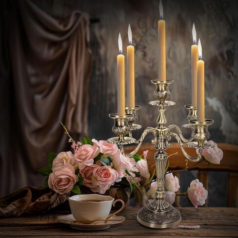 شمعدان معدني بخمسة أذرع، حامل شموع معدني عتيق، حامل شموع أوروبي أنيق حامل شموع لطاولة طعام الزفاف وحفلات الكريسماس وديكور المنزل (برونزي) in Kuwait