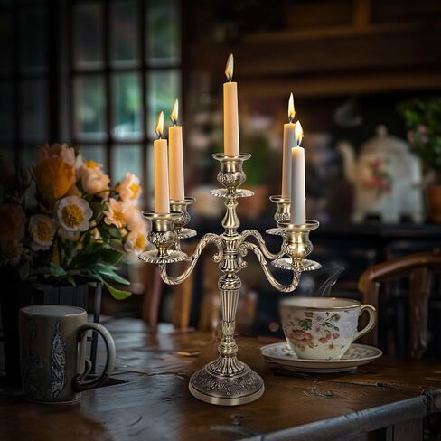 شمعدان معدني بخمسة أذرع، حامل شموع معدني عتيق، حامل شموع أوروبي أنيق حامل شموع لطاولة طعام الزفاف وحفلات الكريسماس وديكور المنزل (برونزي) in Kuwait