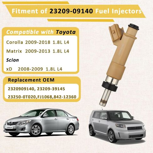 23209-09140 OE Performance 1.8L حاقن الوقود، متوافق مع/Toyota 1.8 Corolla Matrix 2009 2010 2011 2012 2013 2014 2015 2016 2017 2018، متوافق مع/Scion xD 2008 2009 |12 فتحة| |مجموعة من 4| in Saudi Arabia