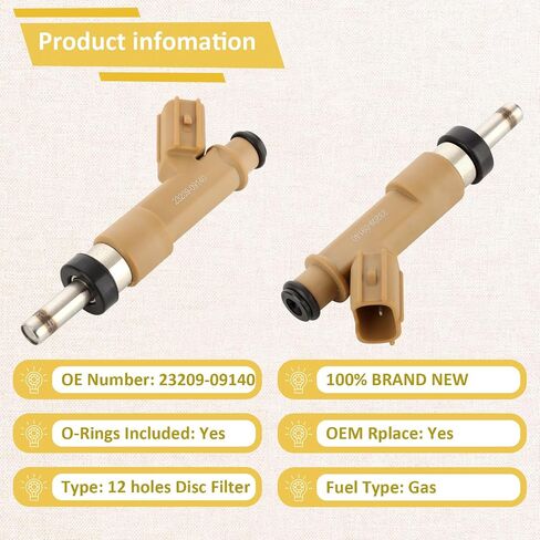 23209-09140 OE Performance 1.8L حاقن الوقود، متوافق مع/Toyota 1.8 Corolla Matrix 2009 2010 2011 2012 2013 2014 2015 2016 2017 2018، متوافق مع/Scion xD 2008 2009 |12 فتحة| |مجموعة من 4| in Saudi Arabia