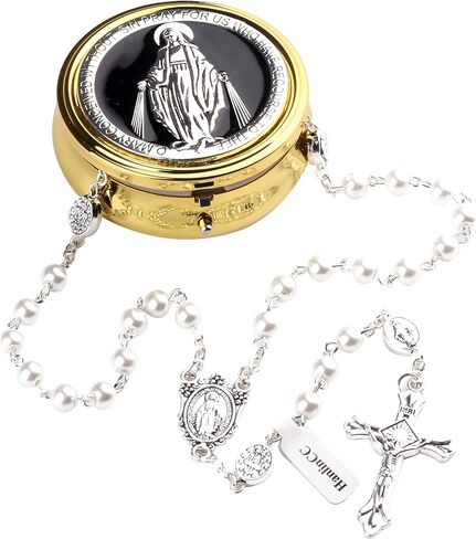 Glass Pearl Beads Catholic Rosary Necklace for Women with Gold Miraculous Gift Box in Kuwait