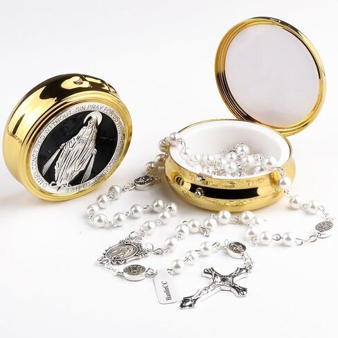 Glass Pearl Beads Catholic Rosary Necklace for Women with Gold Miraculous Gift Box in Kuwait