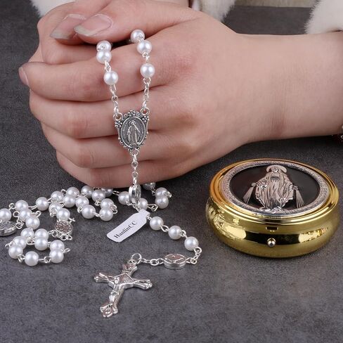 Glass Pearl Beads Catholic Rosary Necklace for Women with Gold Miraculous Gift Box in Kuwait