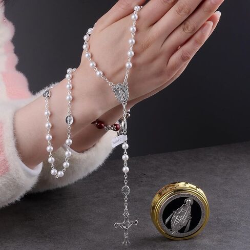 Glass Pearl Beads Catholic Rosary Necklace for Women with Gold Miraculous Gift Box in Kuwait