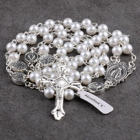 Glass Pearl Beads Catholic Rosary Necklace for Women with Gold Miraculous Gift Box in Kuwait